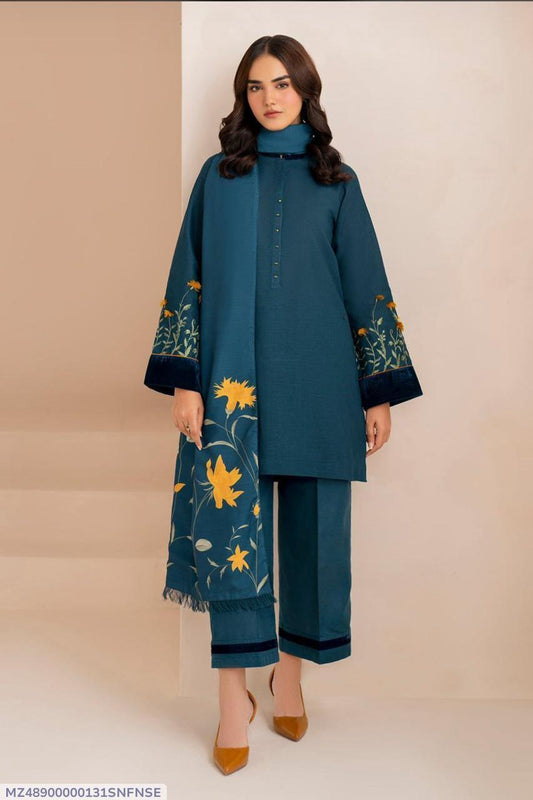 3 Pcs Women's Unstitched Dhanak Embroidered Suit