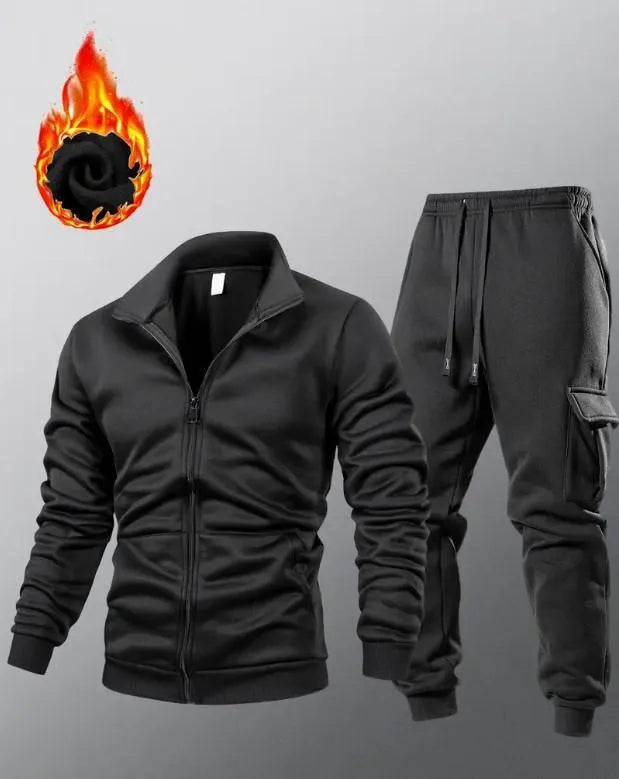 2 Pcs Men's fleece plain zipper Tracksuit