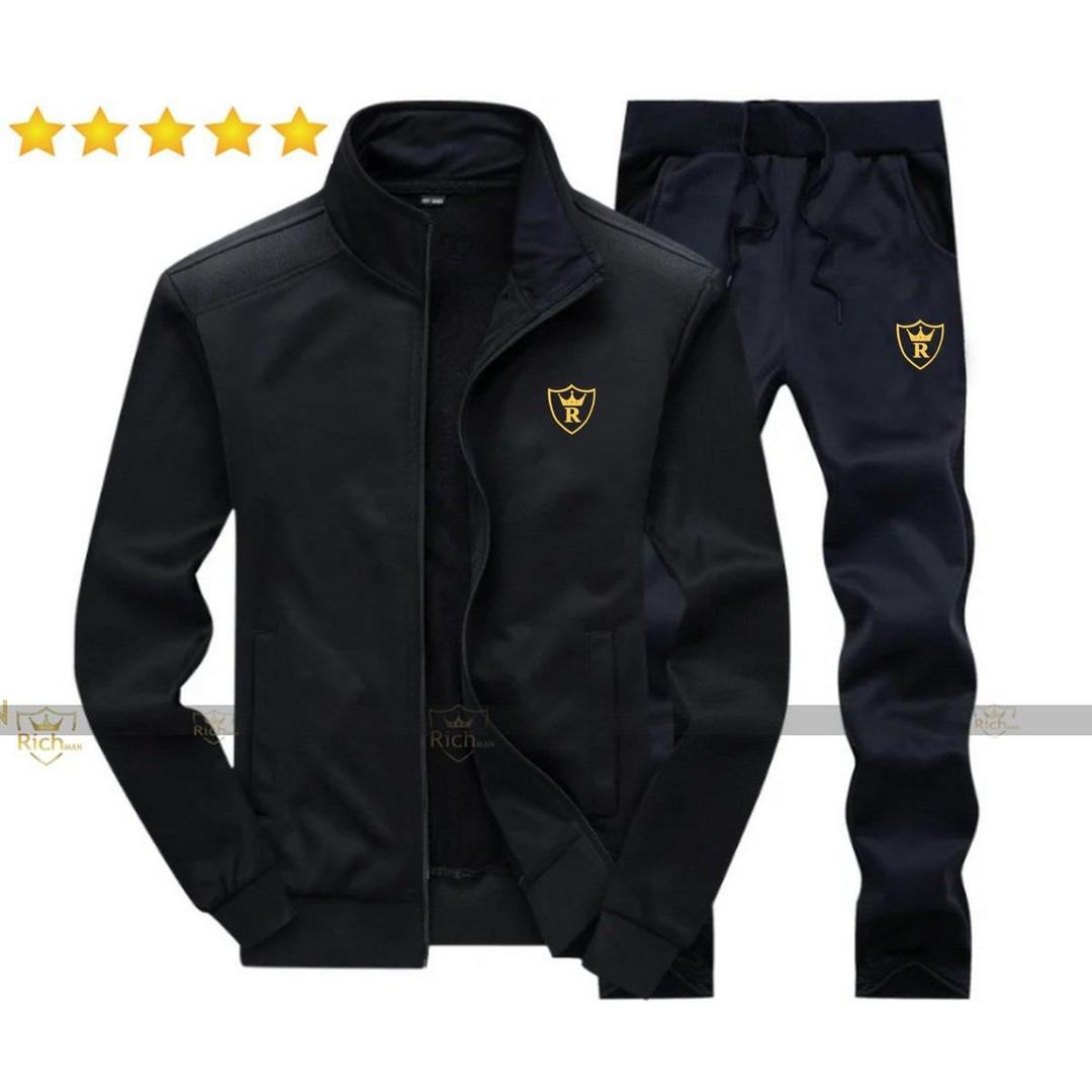 Men's Fleece Track Suit -2 Pcs - Black - Plan collar design