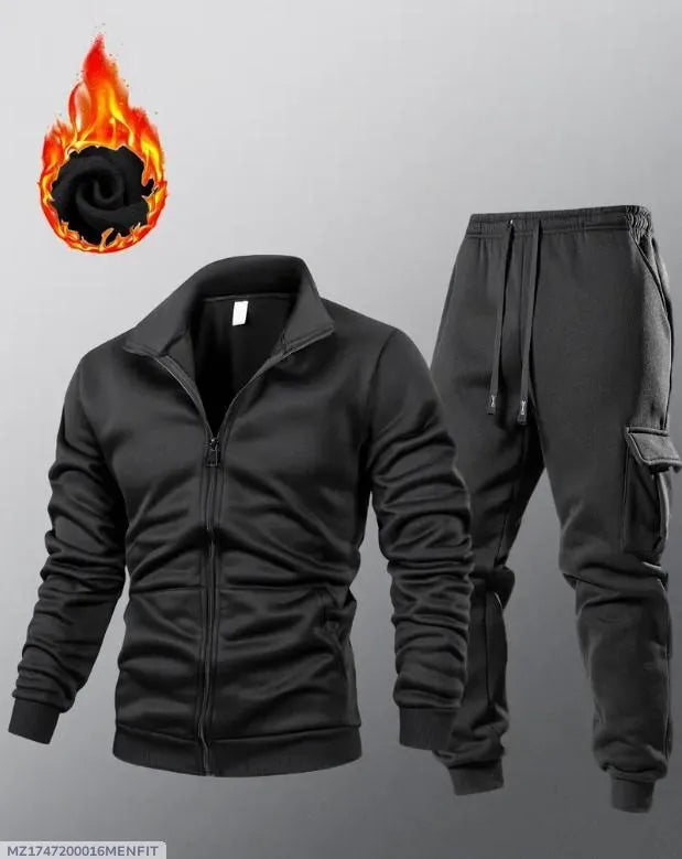 2 Pcs Men's fleece plain zipper Tracksuit