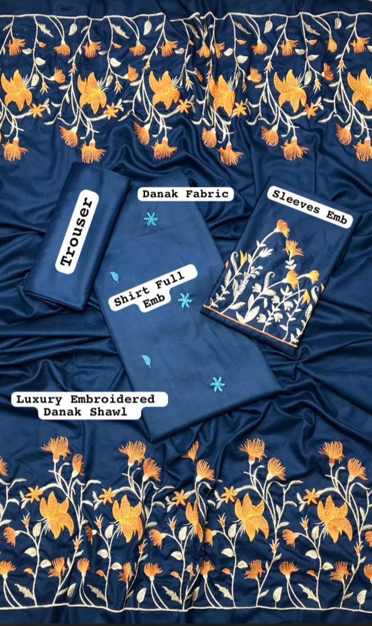 3 Pcs Women's Unstitched Dhanak Embroidered Suit